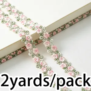 Pink and green floral lace trim ribbon for sewing DIY crafts apparel decoration details 2 yards