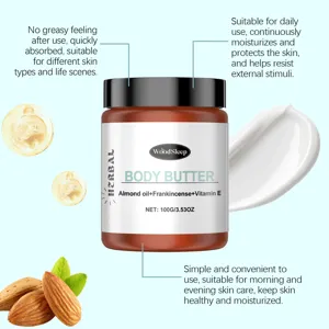 Detail view of herbal body butter jar with almond oil and vitamin E for skin hydration.