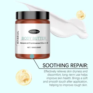WOODSLEEP soothing body butter jar with almond oil, frankincense and vitamin E, 100g size.