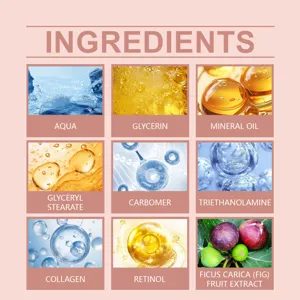 Vista detallada de los ingredientes principales como retinol, colágeno y glicerina.