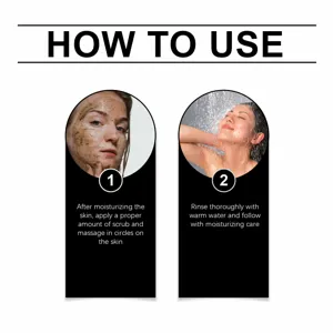 Body scrub usage guide showing application and rinsing steps for smooth skin care.