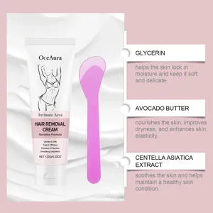 OceAura hair removal cream detail view showing sensitive formula and pink spatula tool.
