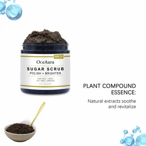 OceAura sugar scrub jar with plant extracts for body and face exfoliation and polish.