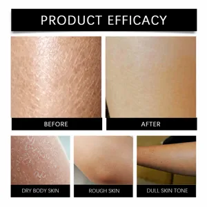 Body scrub product efficacy detail image showing before and after results for smooth skin.
