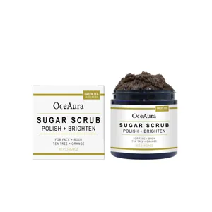 OceAura sugar scrub jar and packaging box main product view, natural exfoliating body polish.