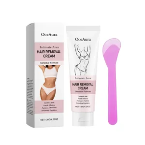 OCEAURA intimate area hair removal cream set with gentle formula and soothing spatula.