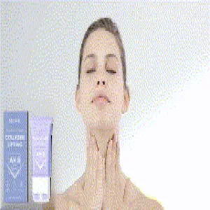 Detail shot of firming neck cream tube and box with model applying skincare product.