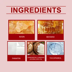 Detailed ingredient showcase of facial hair removal wax strips with natural beeswax and rosin.