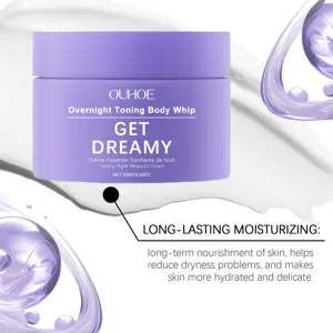 Detail shot of purple body cream jar with moisturizing marketing text and glossy liquid.