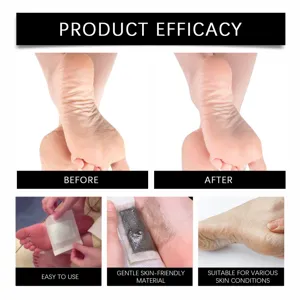 Détail de patch de soin des pieds montrant les étapes d'application, avant et après.