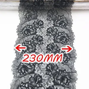 Black stretch lace fabric trim 23cm wide floral lace for DIY sewing dress garment accessories