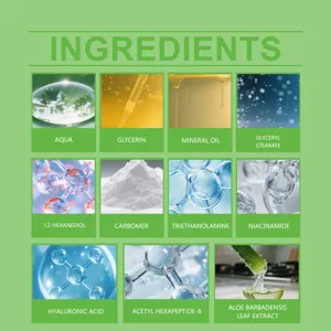 Tabla detallada de ingredientes con activos como ácido hialurónico y niacinamida para la piel.