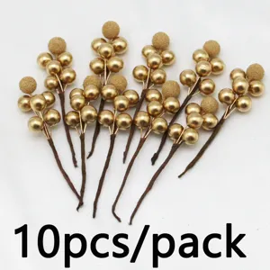 Detailed view of 10pcs artificial gold berry stems for Christmas tree and holiday decoration.