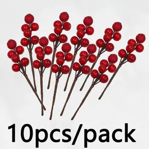 Artificial red berry stems for Christmas tree decoration and floral arrangement 10pcs
