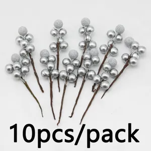 Close-up detail of artificial silver foam berry stems, perfect for Christmas tree decor and DIY crafts.