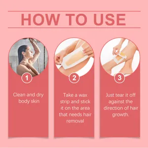 Detailed instruction guide for body hair removal wax strips, easy 3-step usage method.