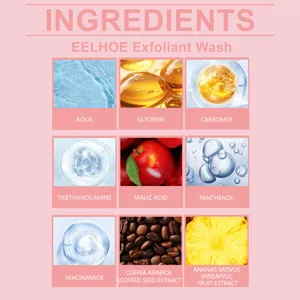 EELHOE exfoliating body wash ingredient detail view showing natural active botanical extracts.