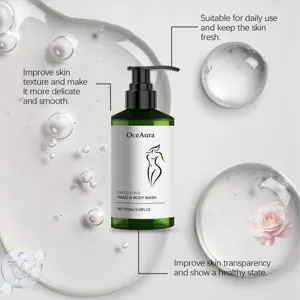 OceAura exfoliating hand and body wash detail view, featuring pump bottle and gel texture.