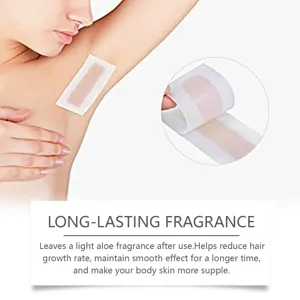 Close-up view of gentle hair removal waxing strips application and smooth skin texture.
