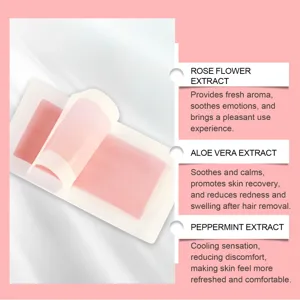 Hair removal wax strips with rose aloe and peppermint extracts for smooth skin and easy use.