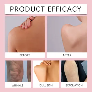 Body care set efficacy detail image showing before and after smoothing moisturizing skin.