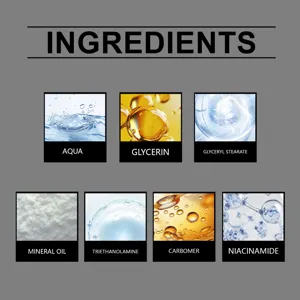 Vista detallada que muestra ingredientes activos clave como niacinamida y glicerina para el cuello.