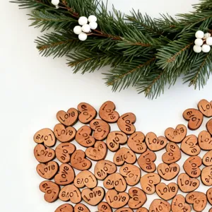 100pcs 14mm wooden heart buttons with love print, natural DIY craft pieces for sewing decor.