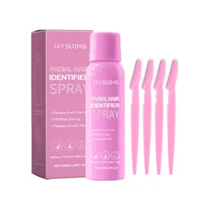 Jaysuing facial hair identifier spray set with four pink eyebrow razors for gentle care.