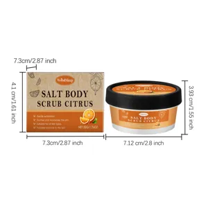 Detailed view showing WoodSleep citrus body scrub jar and packaging size dimensions.