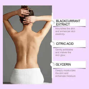 Body care detail view highlighting key natural ingredients like blackcurrant extract and glycerin.