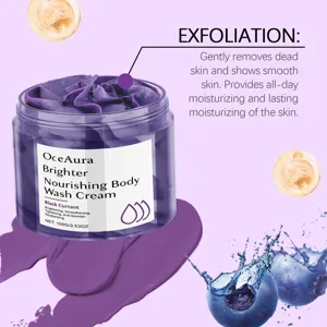 OceAura body wash cream detail showing purple nourishing texture and smooth skin care benefits.