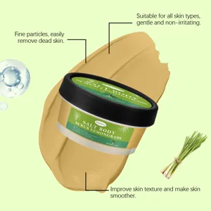 Vista dettagliata della texture dello scrub corpo alla citronella con particelle fini e leviganti.
