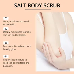 Detail view of the salt body scrub showing gentle exfoliating and deep moisturizing effects.