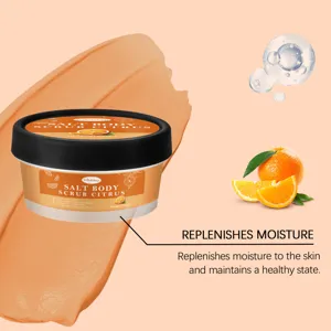 Citrus body scrub detail showing creamy texture and moisturizing benefits for smooth skin care.