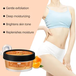 Detail view of the citrus body scrub jar with fresh orange slices and smooth model skin.