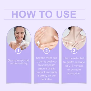 Detail view of neck roller cream usage instructions showing simple 3-step skincare guide.