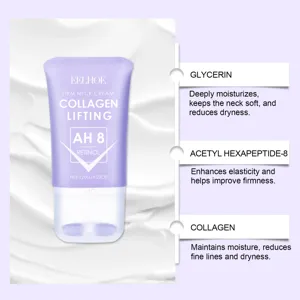 Detail view of anti-aging neck cream roller and active ingredients for skin firmness.