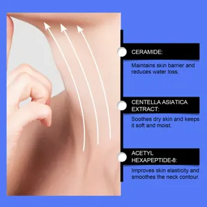 Neck cream detail graphic showing ceramide and peptide benefits for skin tightening and care.