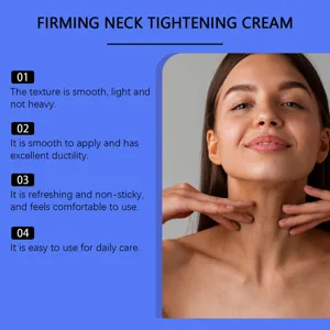 Close-up of model applying firming neck tightening cream, showing smooth and refreshing texture.