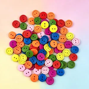 Colorful wooden buttons detail shot, featuring 2-hole round design for DIY sewing crafts.