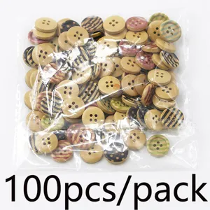 Wooden buttons detail shot showing colorful painted 4-hole round sewing accessories