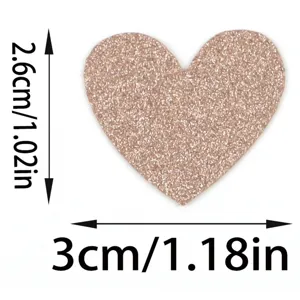 Glitter heart confetti detail view showing exact dimensions of 2.6 by 3 cm for craft decor.