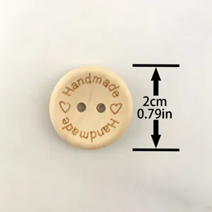 20mm 2-hole natural wood button detail, laser engraved handmade craft sewing accessory.