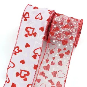 Ruban filaire cœur rouge blanc Saint Valentin paillettes tissu détail pour fête mariage 6,3cm