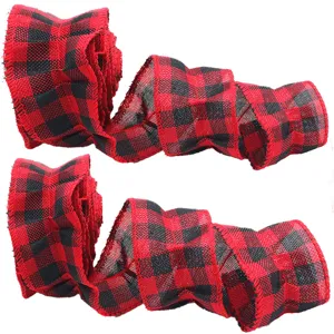 Red and black buffalo plaid burlap ribbon, 5cm width rustic fabric trim for Christmas tree decor.