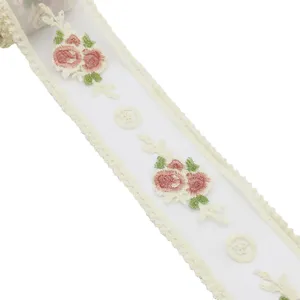 Cinta de encaje vintage bordada con rosas, tela de malla transparente con flores rosas para costura.