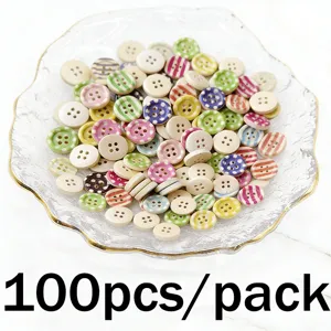 100pcs 1.5cm colorful wooden buttons with 4 holes printed sewing DIY garment crafts
