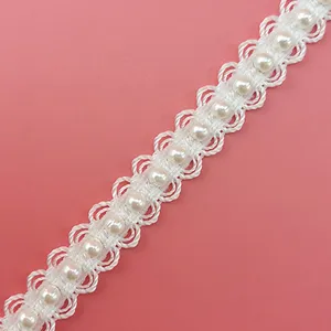Detail shot of 1cm white pearl lace ribbon, delicate woven trim with faux pearls for DIY crafts.