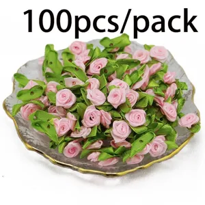 100pcs paquete rosas de cinta flores con hojas verdes accesorios para manualidades vestido