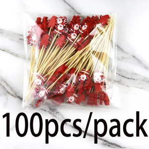100pcs Christmas wooden decorative food picks 12cm Santa bamboo skewers fruit cocktail sticks